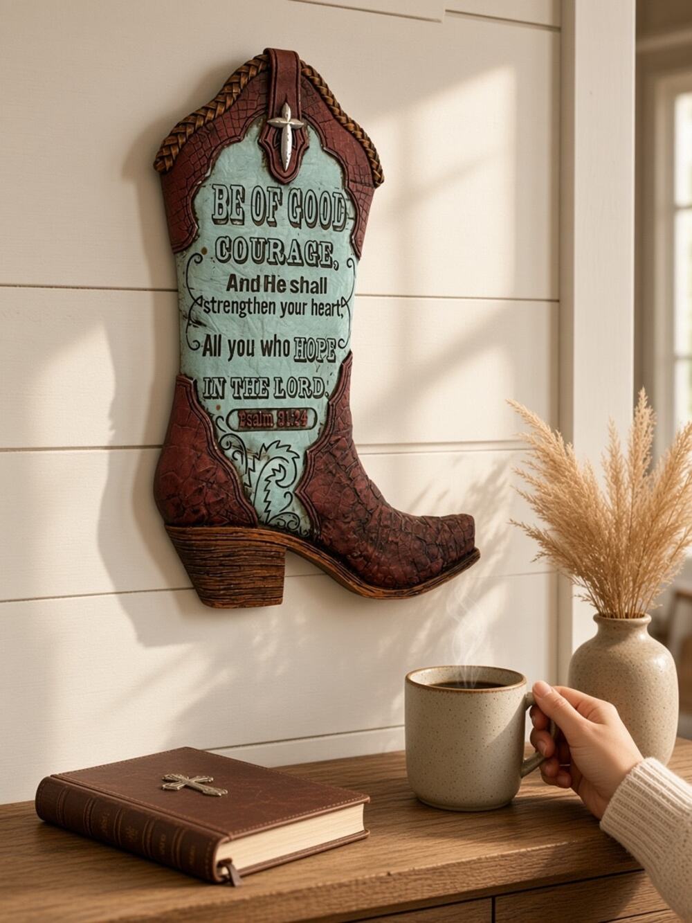 Rustic Wooden Cowboy Boot Religious Wall Sign Decor Be Of Good Courage 9.5x6 EUC
